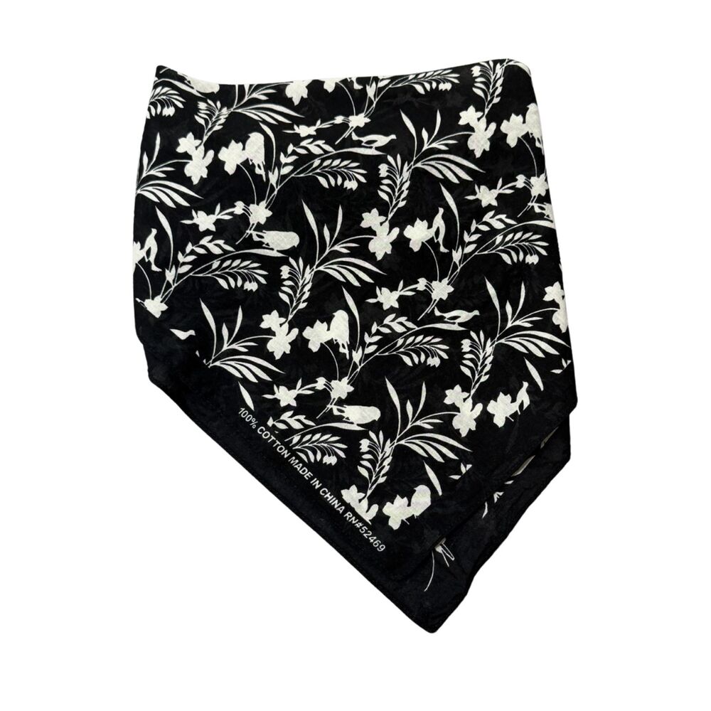 Black and White Floral Bird 100% Cotton Small Rectangular Scarf Kerchief Bandana